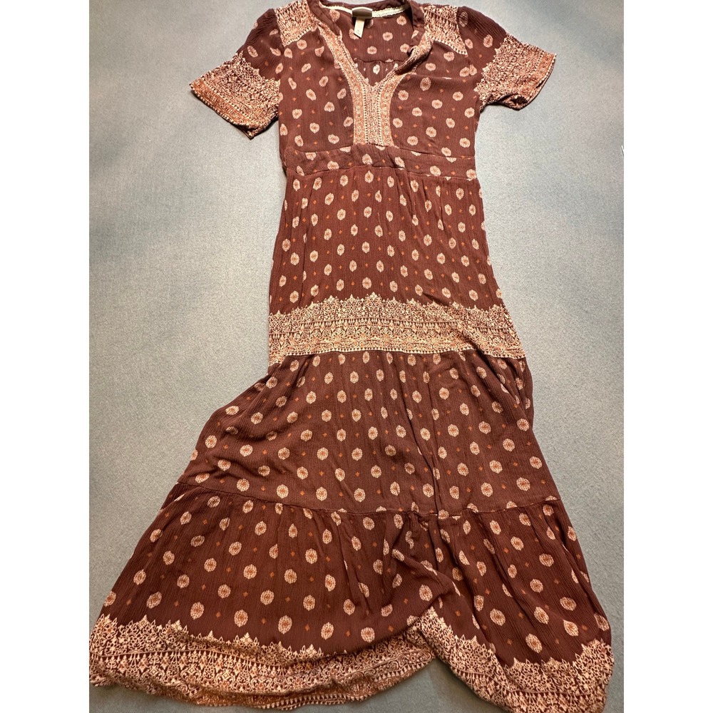 Knox Rose Burgundy Medallion Boho Maxi Dress Maroon Tiered Lace V-Neck M - 117
